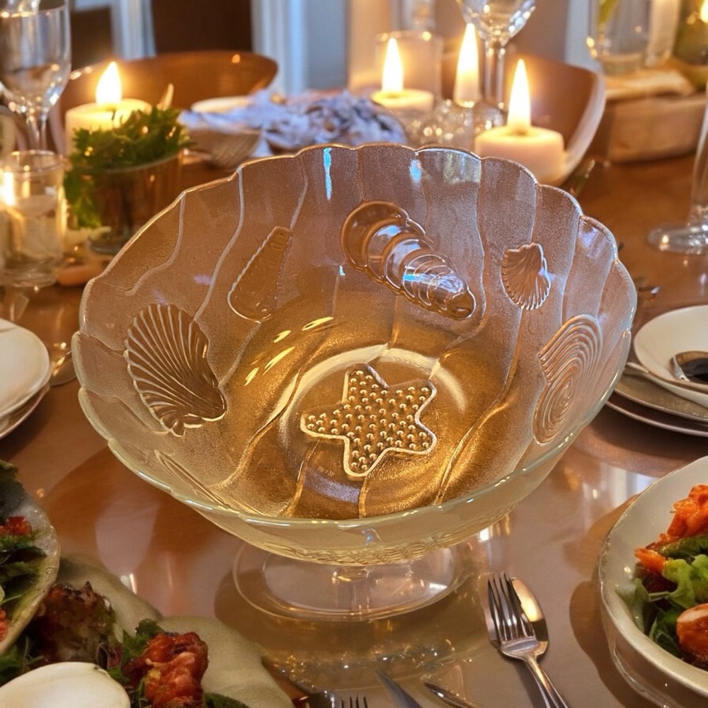 VTG KIG Indonesia Glass Seashell Starfish Ocean Floor Bowl Centerpiece